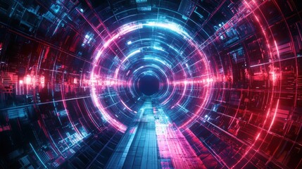 Obraz premium Futuristic tunnel with glowing neon lights in vibrant colors, creating a sense of motion and technology.