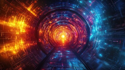 Fototapeta premium Futuristic tunnel with vibrant colors, featuring glowing lights and abstract patterns, perfect for science fiction themes.