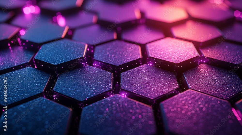 Poster this design features an abstract hexagon layout, bold blues and purples, strong shadow play, and dyn