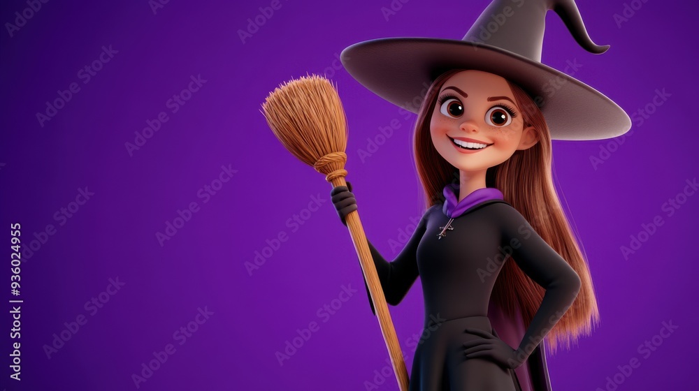 Wall mural witch wit hat and broom in purple backdrop, halloween theme wallpaper, smiling, cute 3d render doll 