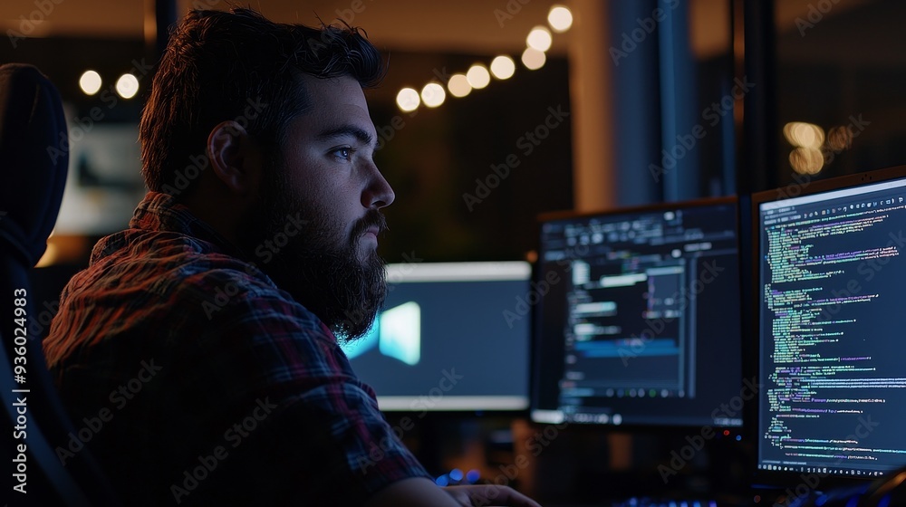 Aufkleber Freelancer using augmented reality technology to visualize programming parameters. Remote worker working at home using augmented reality technology.
