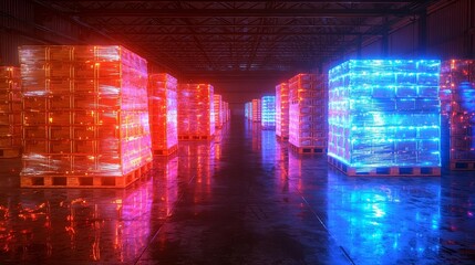 Neon-lit storage pallets in a modern warehouse space showcasing advanced distribution and logistics hub technology