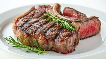 Grilled beef steak with bone, isolated on a white plate and background. The steak's rich, smoky flavor is highlighted by the clean presentation.