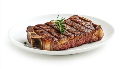 Grilled beef steak with bone on a white plate, isolated against a white background. The simplicity highlights the steak's succulent texture.