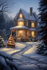 Festive Victorian House Decorated for Christmas in Snowy Evening