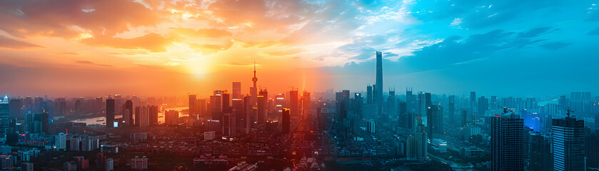 Fototapeta premium A Timelapse Cityscape Transformation from Morning to Night with Urban Energy and Restful Theme