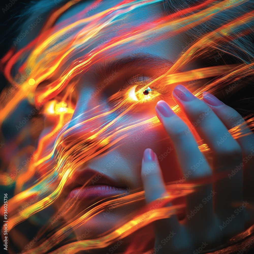 Poster In this abstract light trail animation, a person's hand is shown outstretched, creating a dynamic and ethereal effect.
