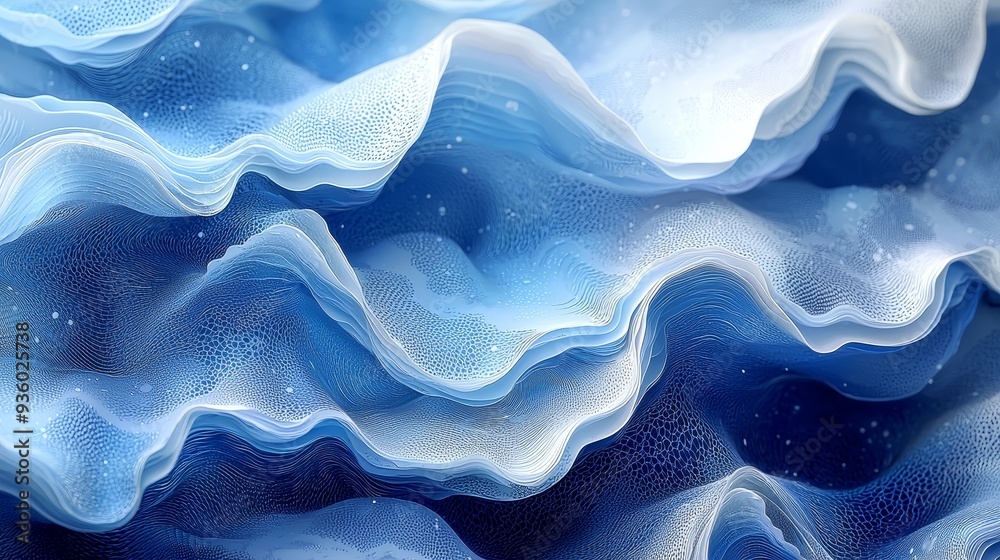 Poster against a crisp white background, an abstract wave pattern ripples, creating a sense of vibrant move