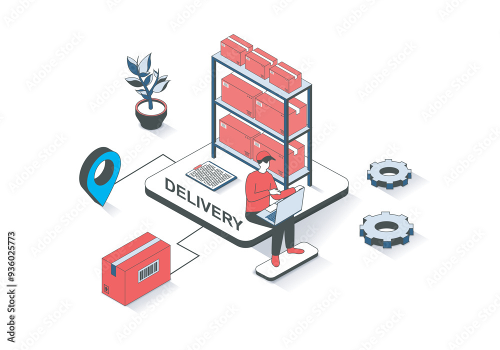 Leinwandbilder delivery 3d isometric concept with isometry people design for web. man working at warehouse, managin