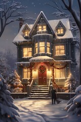 Festive Victorian House Decorated for Christmas in Snowy Evening