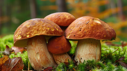 boletus among moss in autumn forest, fall, mushrooms, trees, wood, nature, beauty, macro photo, plant, beauty, season, orange, brown, ecology, eco, background, wallpaper