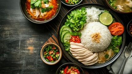 Hainanese chicken rice and soup on a dark wooden table, focusing on the traditional Thai meal's presentation and flavors. Ideal for showcasing Thai cuisine.