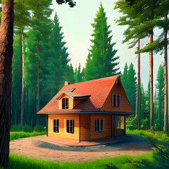 House in the summer forest. Created with Generative AI technology