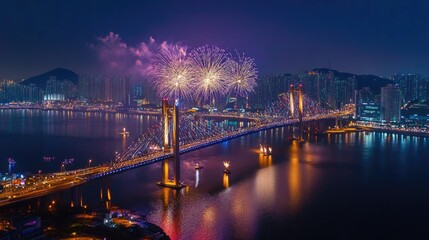 Fototapeta premium Gwangandaegyo Bridge And fireworks in Busan, South Korea