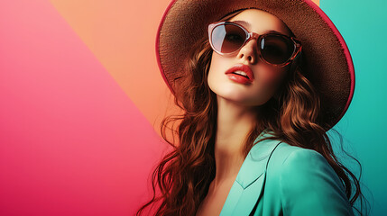 Fototapeta premium Stylish Woman in Vibrant Sunglasses and Fashionable Hat