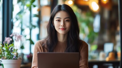 woman using laptop working at a coffee shop