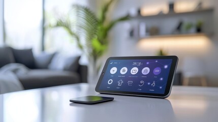 A smart home device on a minimalist table, the screen showing options to control various aspects of the home environment, symbolizing the seamless integration of AI in daily life