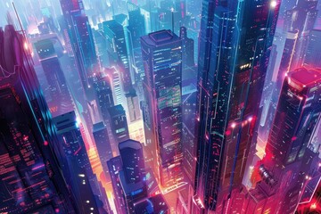 Futuristic Cityscape with Neon Lights and Tall Buildings