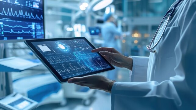 A healthcare professional using AI-driven solutions to analyze patient data on a tablet. The background features a modern hospital setting with advanced medical equipment, illustrating the