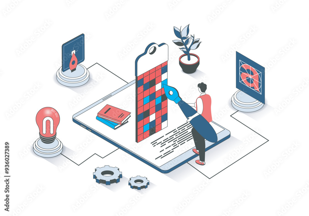 Aufkleber Designer studio 3d isometric concept with isometry people design for web. Man drawing graphic elements, creting mobile application interface layout, making project at screen. Vector illustration.