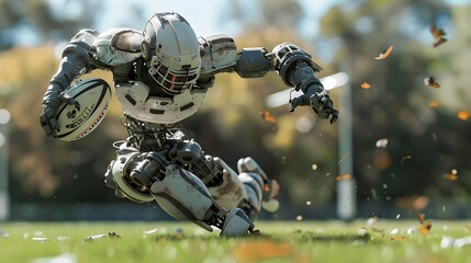 Robot Rugby Player Charging: A robust robot rugby player charging forward with the ball, evading tackles.
