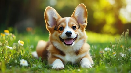Happy little Pembroke Welsh Corgi puppy lying down in a green clearing, smiling contentedly. -