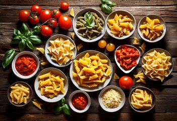 Fototapeta premium colorful array various pasta shapes sizes displayed vibrant spread culinary inspiration, varieties, colors, gourmet, plate, texture, cooking, fresh