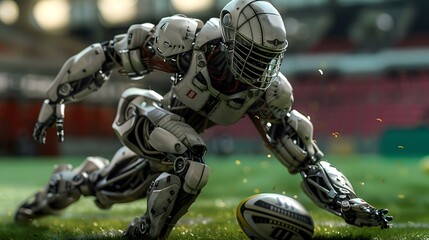 Robot Rugby Player Charging: A robust robot rugby player charging forward with the ball, evading tackles.
