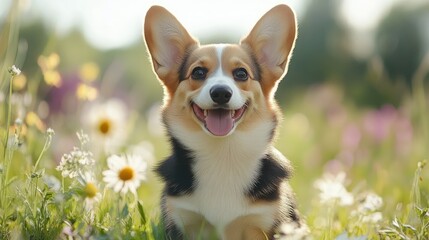 Happy little Pembroke Welsh Corgi puppy sitting among wildflowers in a green clearing, looking delighted. -