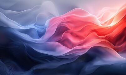 Obraz premium Stylish color design and color combination of a 3D mesh representation of digital sound in muted shades of blue, white, gray and red. A distorted net of planes fluttering freely over a dark, profound