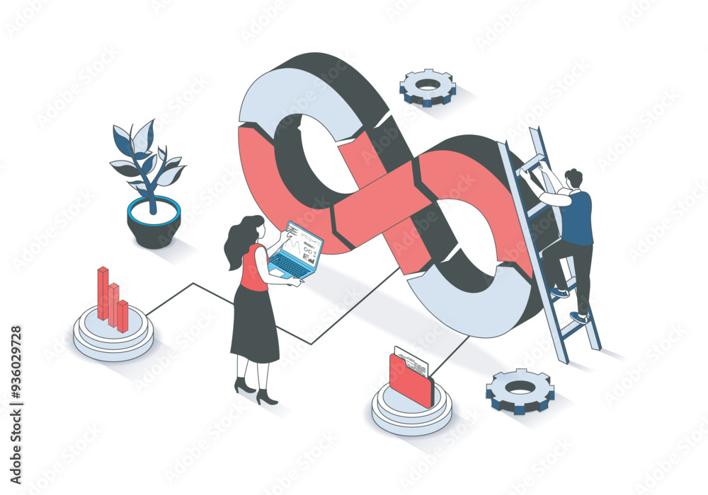 Aufkleber DevOps 3d isometric concept with isometry people design for web. Man and woman developing and programming in team, using agile development operations architecture in work process. Vector illustration.