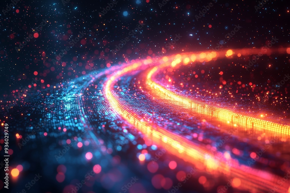 Poster In this technologically advanced vision of the future, neon rays of light move fast across the sky, creating an abstract glowing background. This is a dynamic effect of digital speed, a laser blue