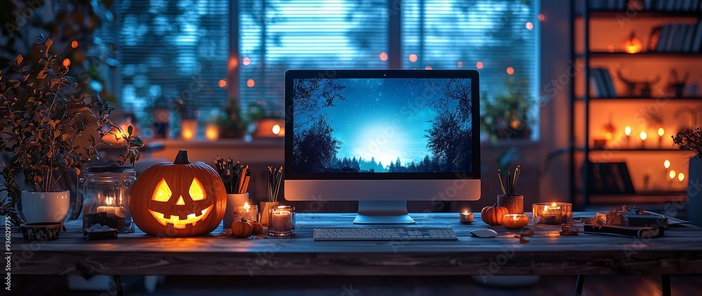 Wall mural Interior design mockup of a dark Halloween night home office with computer mockup, and accessories