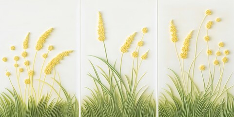 Set of 3 wall art panels with 3D wall carved art of tranquil meadow in sunny yellow and soft grass green on a light ivory background, close up, split into three on white background, wall sculpture