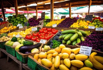 vibrant close fresh produce colorful labels showcasing organic fruits vegetables lively market setting, healthy, nutrition, display, natural, agriculture