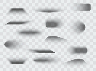 Square and rectangle box shadow effects. Realistic overlay and transparent shadows vector set, shades falling from objects on floor with soft black edges and dark corners, transparent background