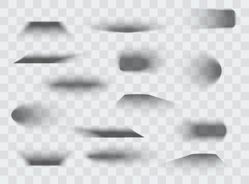 Square and rectangle box shadow effects. Realistic overlay and transparent shadows vector set, shades falling from objects on floor with soft black edges and dark corners, transparent background