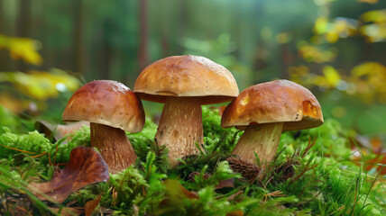 boletus among moss in autumn forest, fall, mushrooms, trees, wood, nature, beauty, macro photo, plant, beauty, season, orange, brown, ecology, eco, background, wallpaper