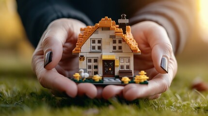 Hands holding a small, detailed toy house made of interlocking bricks on a grassy surface with blurred background.