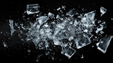 Ice, crushed on black background. Shards of crushed ice spreading away. The explosion of ice.