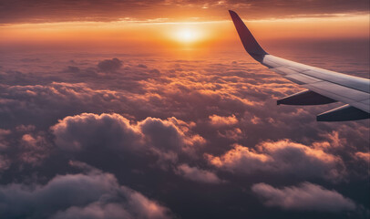 A view of the sunset from an airplane window, with the sun shining brightly through the clouds