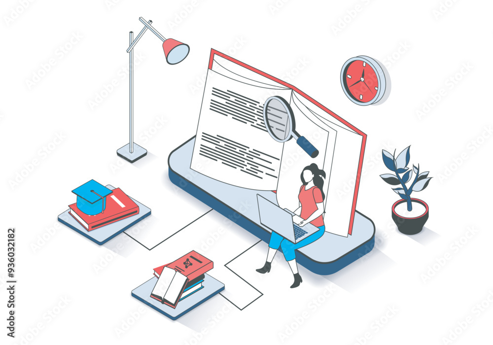 Poster education 3d isometric concept with isometry people design for web. woman learning distantly using l
