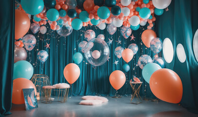 A room is decorated for a party with teal and peach balloons