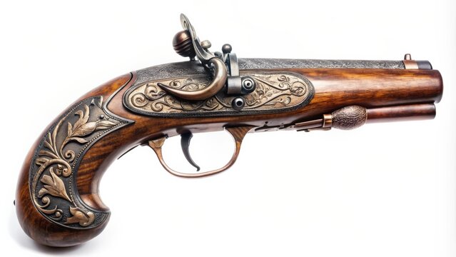 Antique pistol with intricate engravings and wooden grip, antique, pistol, gun, firearm, vintage, weapon, historic, rare