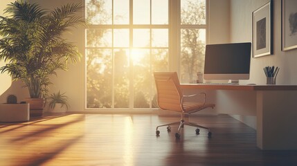 Fototapeta premium Modern Home Office with Large Window and Sunlight Streaming In, Featuring a Wooden Desk, Computer, and Comfortable Chair