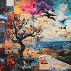 mixed media painting that combines elements of photography, collage, and painting to create a unique and dynamic