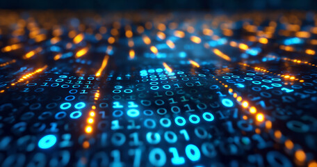 Obraz premium Blue digital binary data on computer screen, Neon binary data stream.