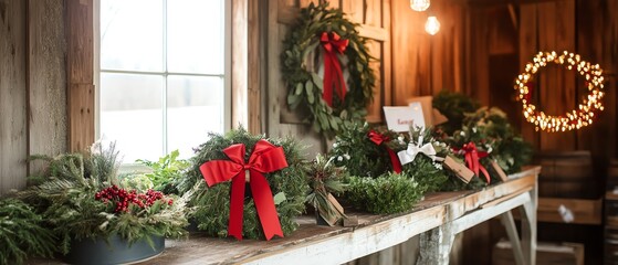 Festive holiday wreaths adorned with red ribbons displayed in a rustic wooden setting, perfect for seasonal decor inspiration. Christmas farm concept.