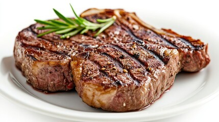 Isolated plate of grilled beef steak with bone, served on a clean white background. The perfectly seared meat showcases a rich texture.