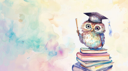 Cute owl in graduation cap holding diploma, perched on stack of books, watercolor background